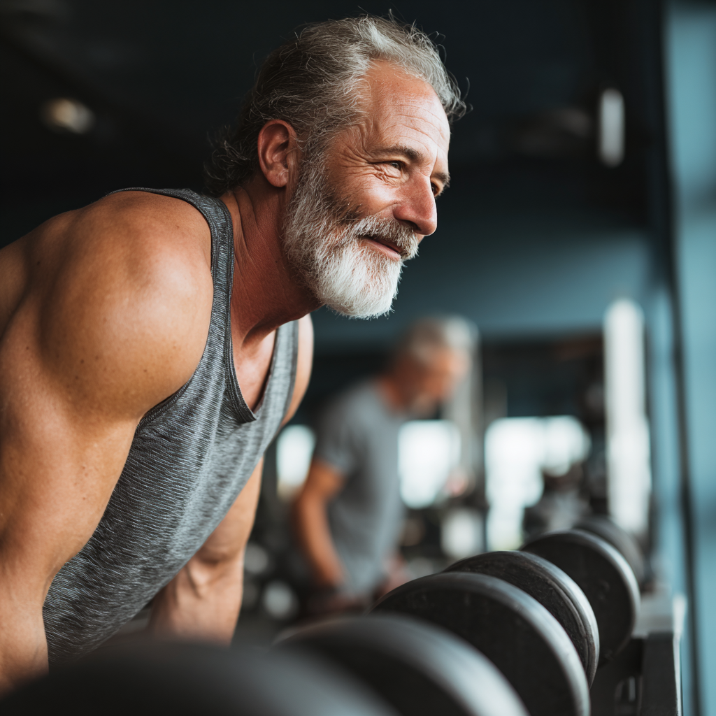 Mature adult engaging in strength training at modern fitness facility
