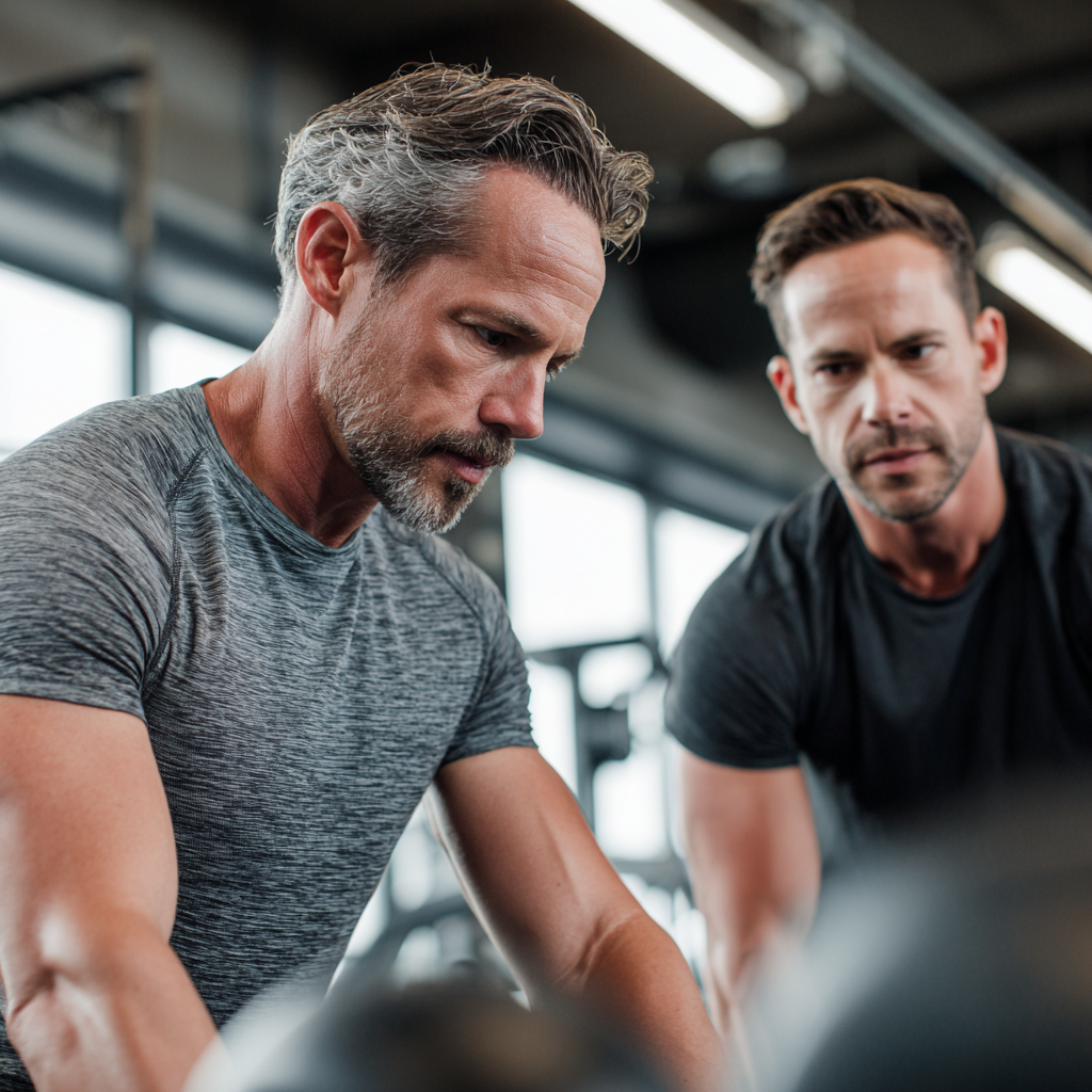 Middle-aged fitness enthusiast working with professional trainer in contemporary gym setting